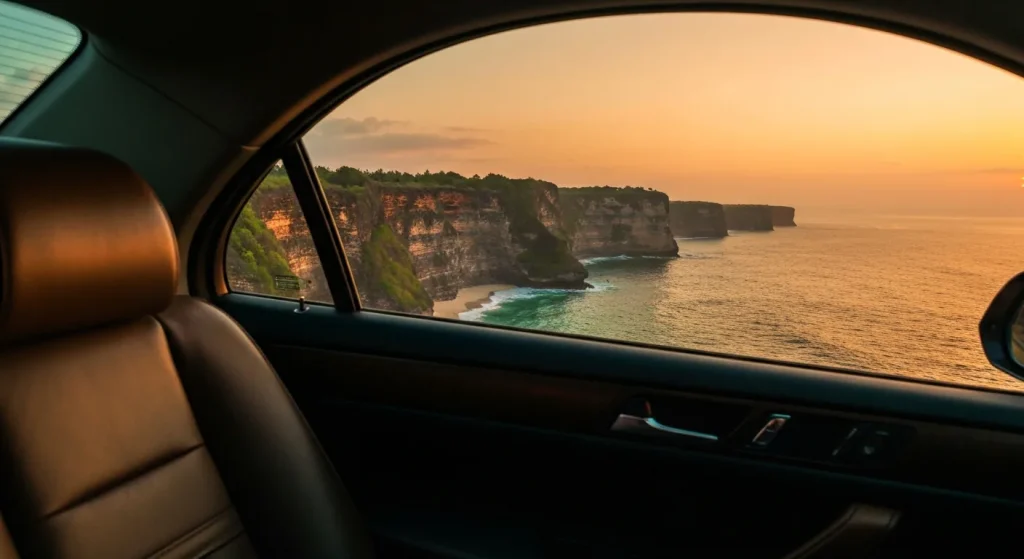 Uluwatu cliff sunset seen from the window of a private luxury car in Bali