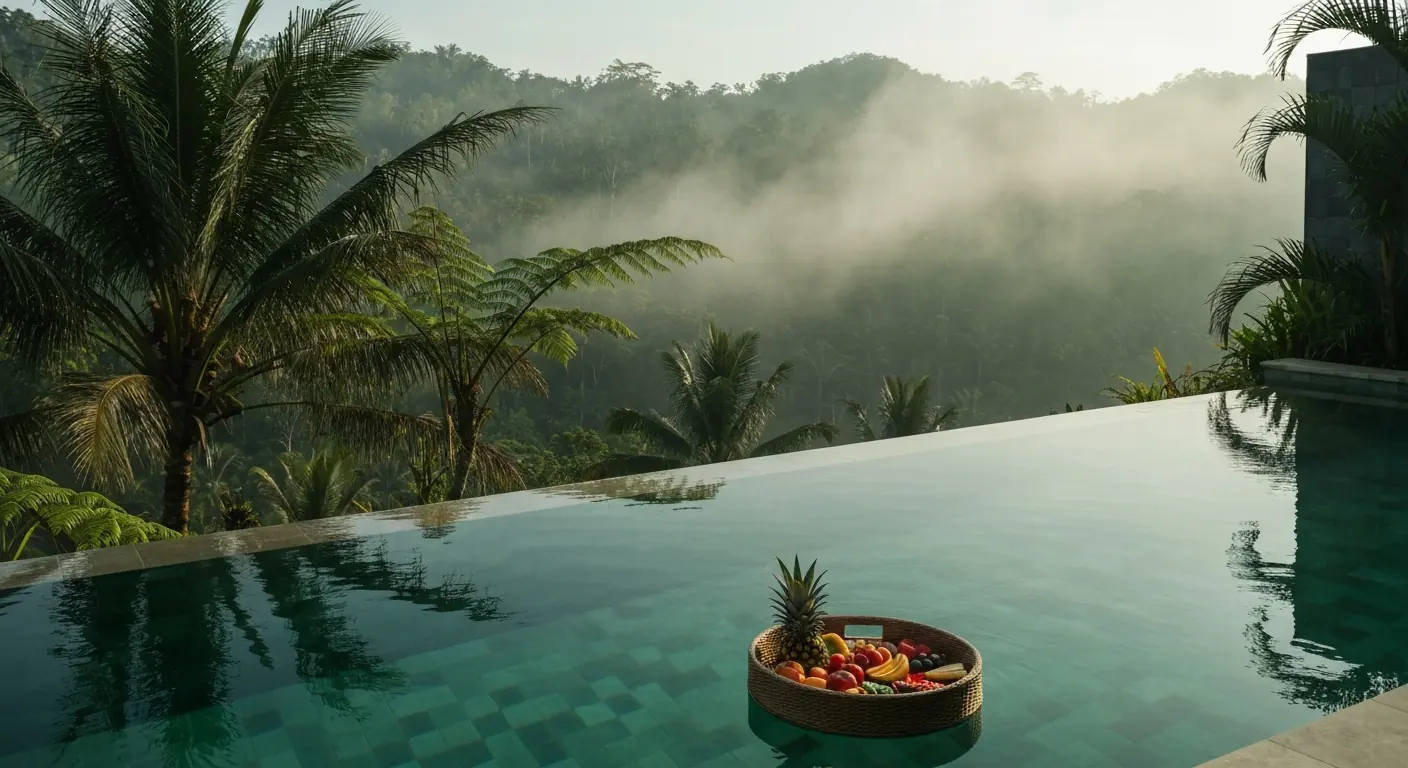 Infinity pool villa overlooking the Ubud jungle on a misty Bali morning