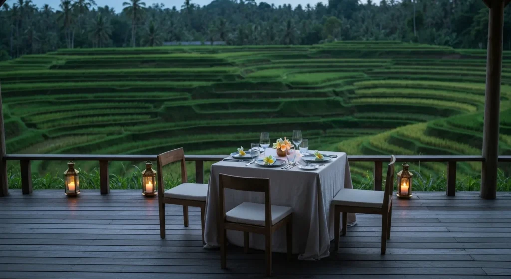 Private candlelit dinner beside Bali rice terraces at dusk