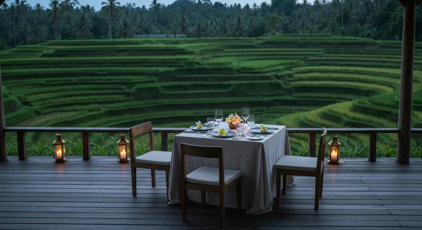 Private candlelit dinner beside Bali rice terraces at dusk