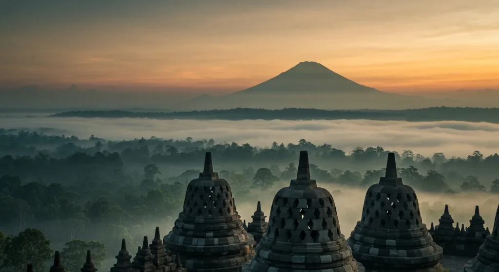 Sunrise mist over ancient temple stupas and volcanoes in central Java