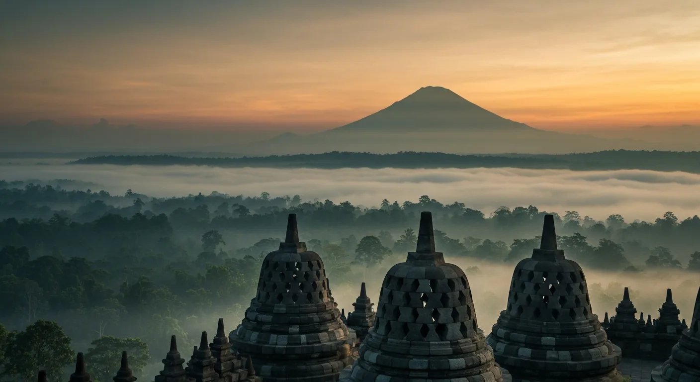 Sunrise mist over ancient temple stupas and volcanoes in central Java