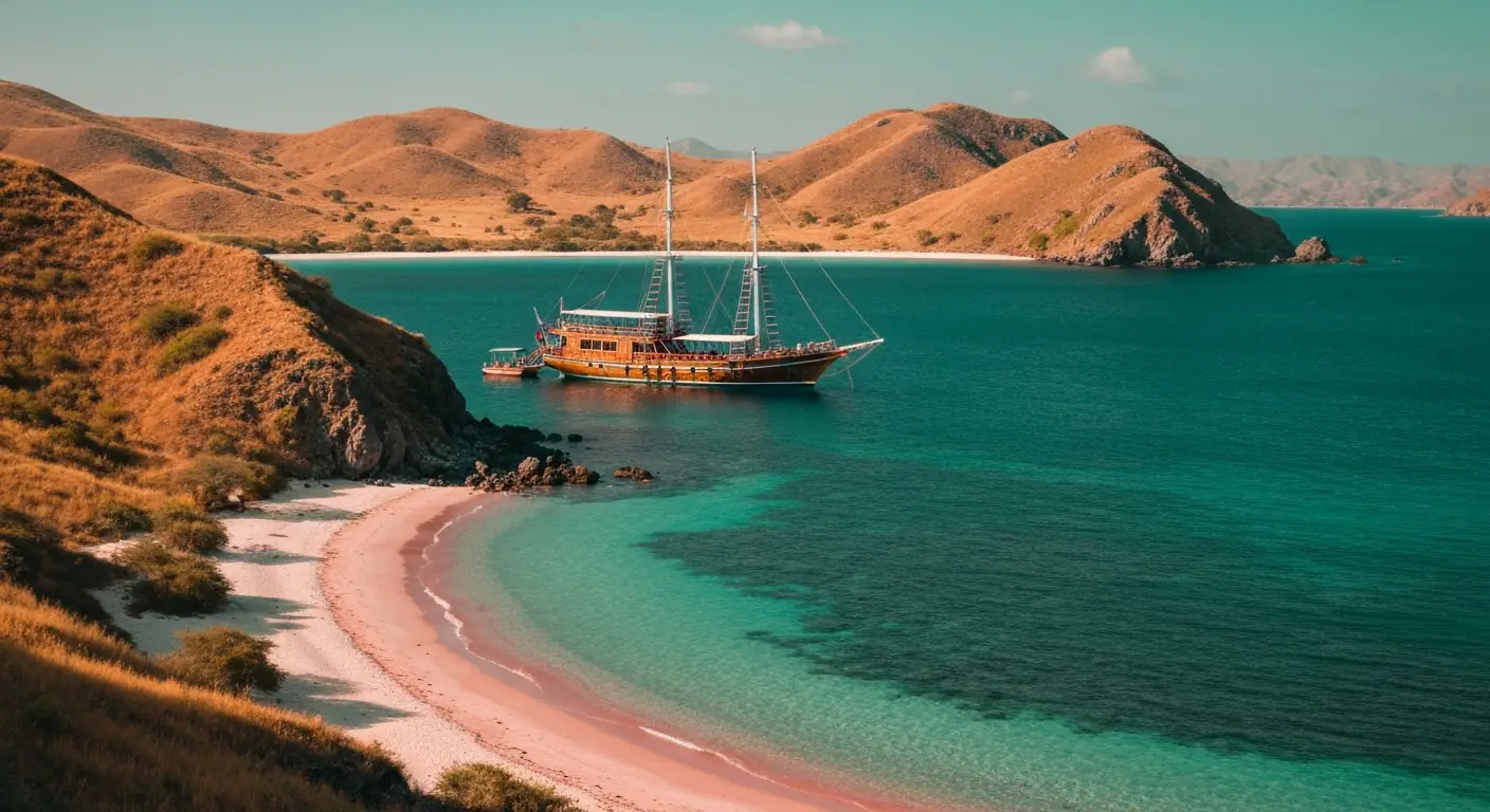 Wooden sailing yacht anchored near a pink sand beach in the Komodo islands