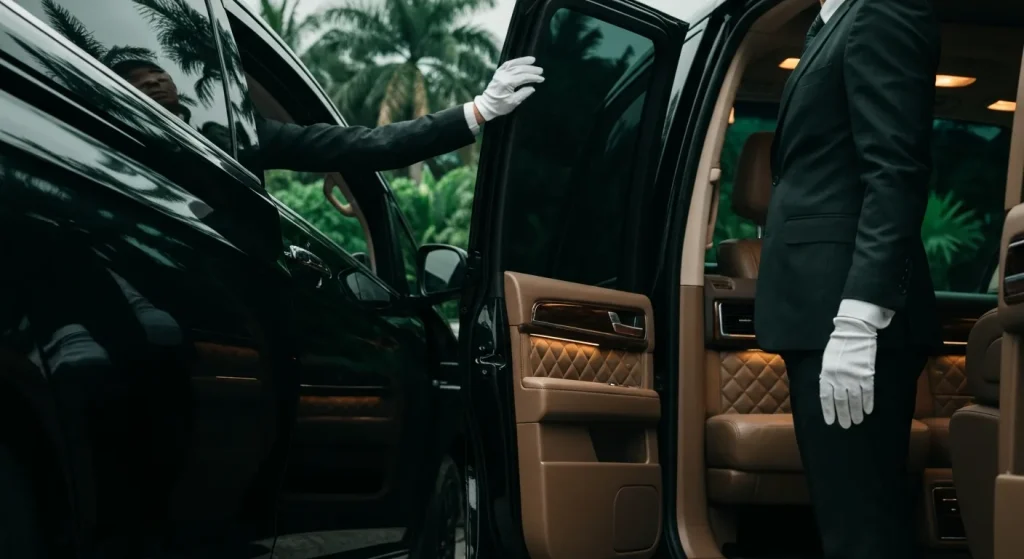 Chauffeur in white gloves opening the door of a premium MPV in Bali