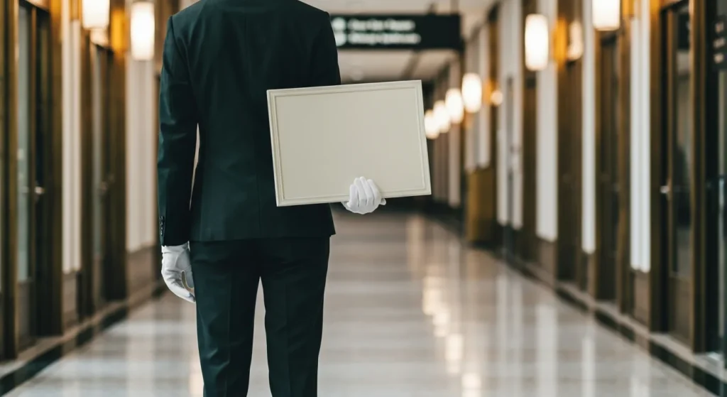Suited VIP greeter with a welcome sign in a modern airport corridor