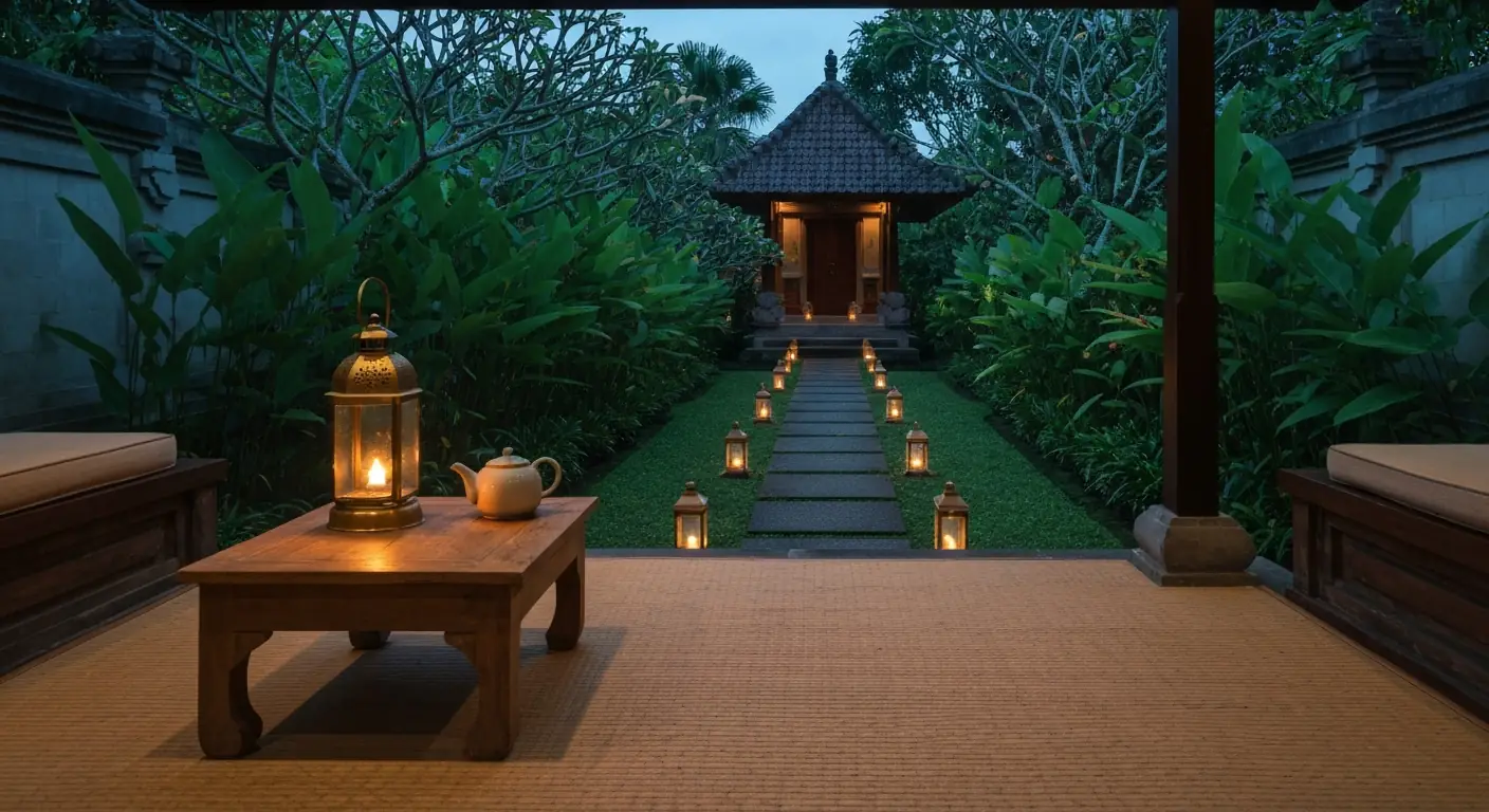 Lantern-lit Balinese garden pavilion at dusk