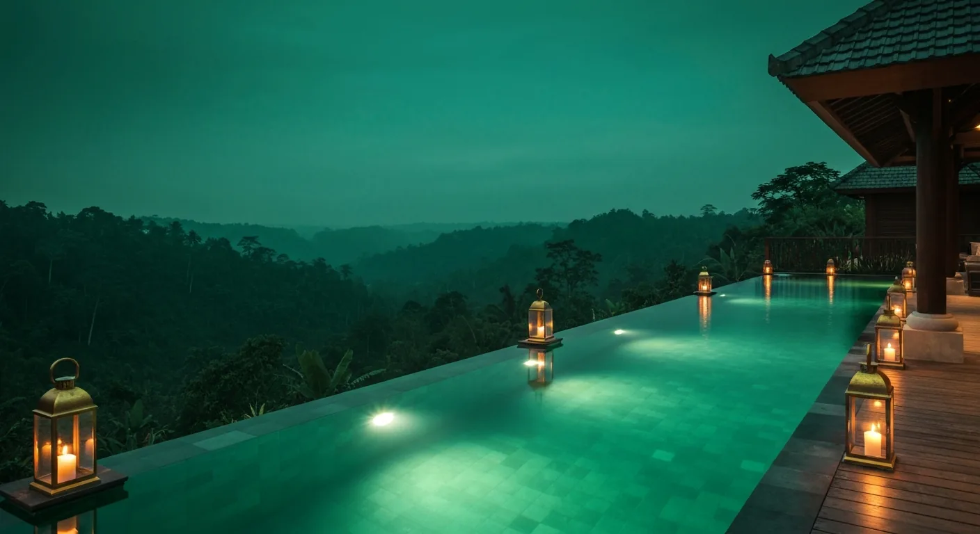 Infinity pool of a jungle villa in Ubud glowing at dusk