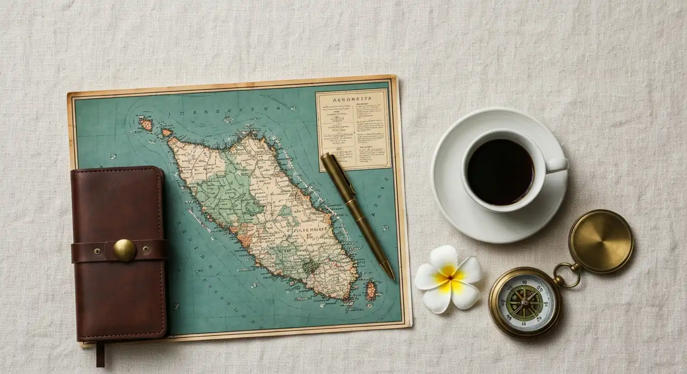 Travel planning flat-lay with island map, leather notebook and coffee