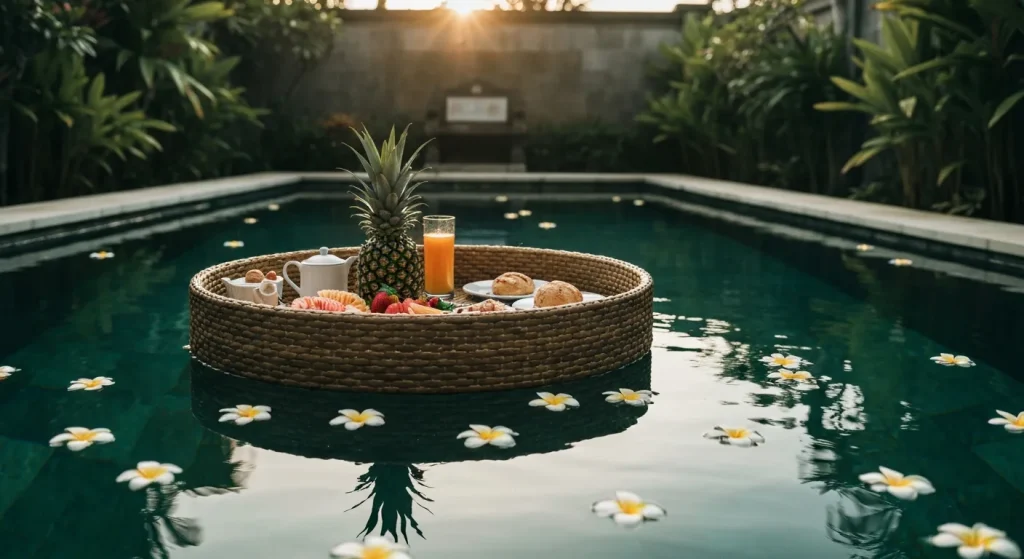 Floating breakfast in a private Bali honeymoon villa pool at sunrise