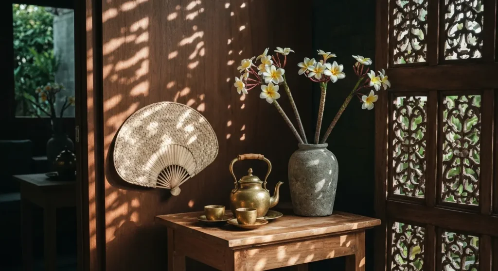 Balinese tea corner with brass teapot in a villa reception