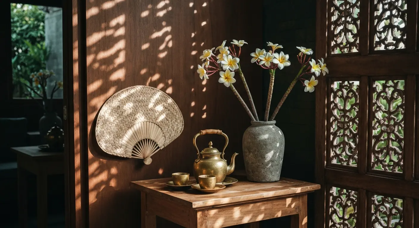 Balinese tea corner with brass teapot in a villa reception