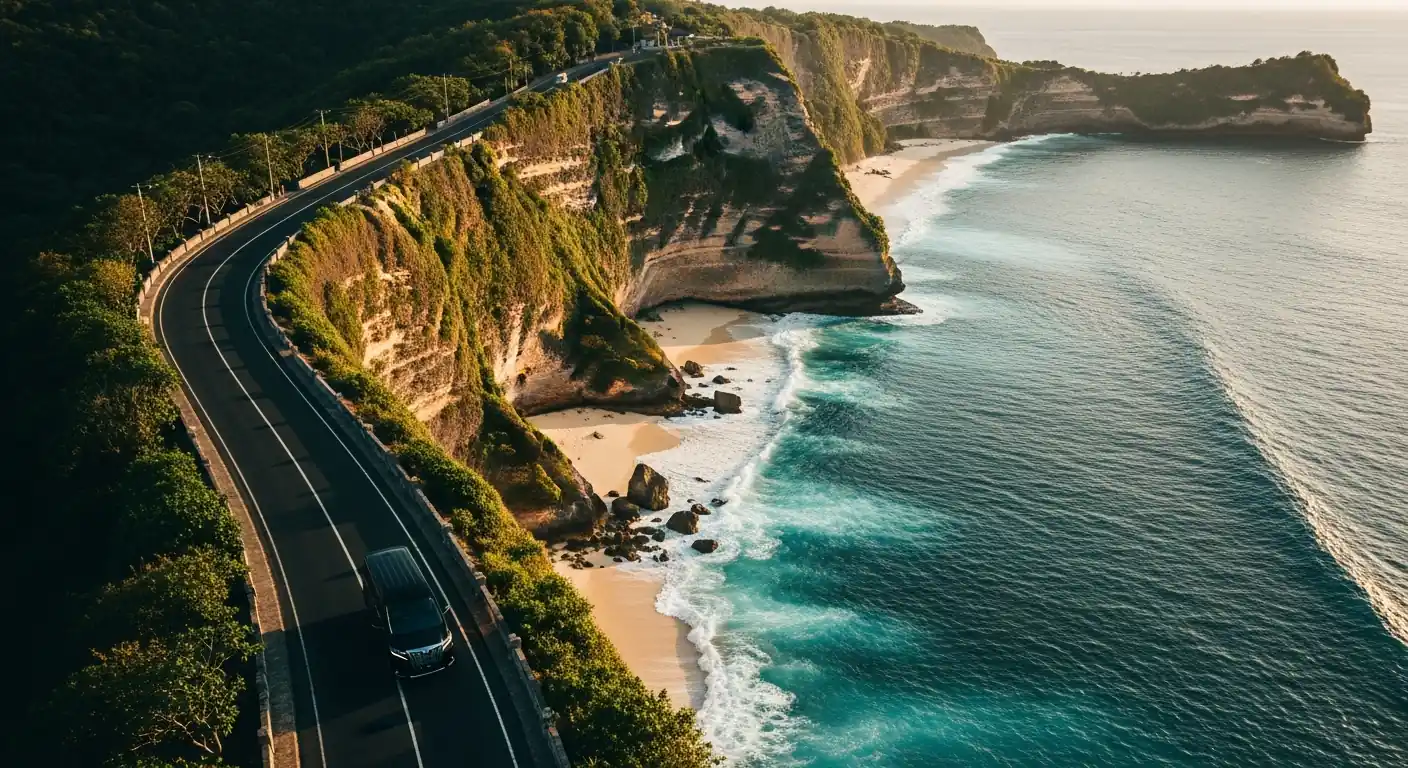 Aerial view of a private luxury car on a south Bali coastal road at golden hour