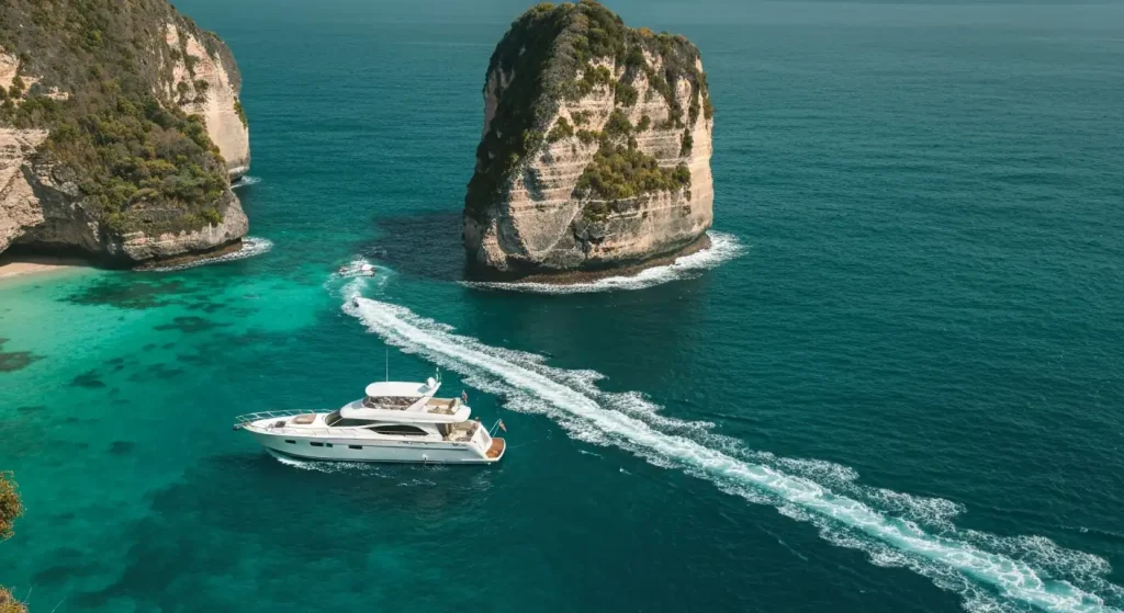 Private yacht anchored below Kelingking cliff in Nusa Penida